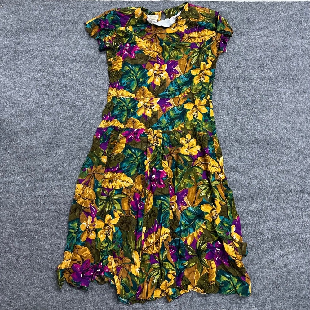 Luca Fettini Dress Womens Size 14 Multicolor Tropical Floral Rayon USA Vintage